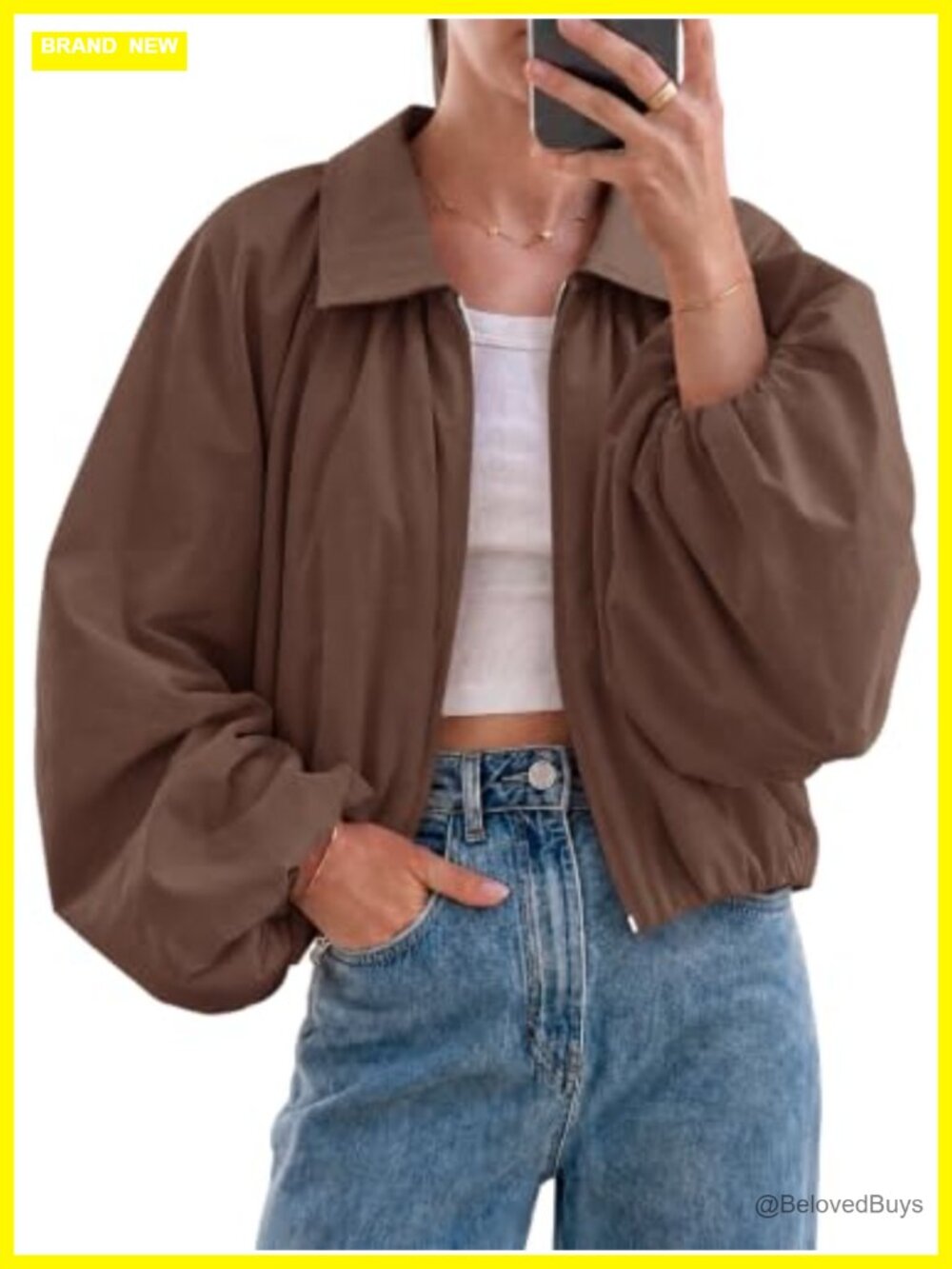 Tankaneo Womens Cropped Bomber Jacket Balloon Sleeve Zip Up